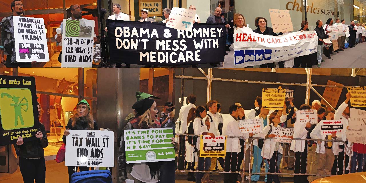 Health Activists Protest Presidential Candidates,  Demand Tax on Wall St. Trades
