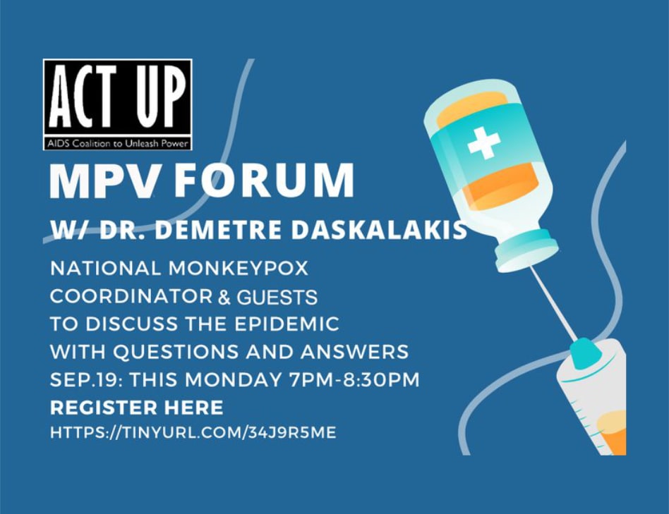 MPV Forum Event with Dr. Demetre Daskalakis on Monday, Sept. 19 at 7PM ET MPV Forum Event with Dr. Demetre Daskalakis on Monday, Sept. 19 at 7PM ET