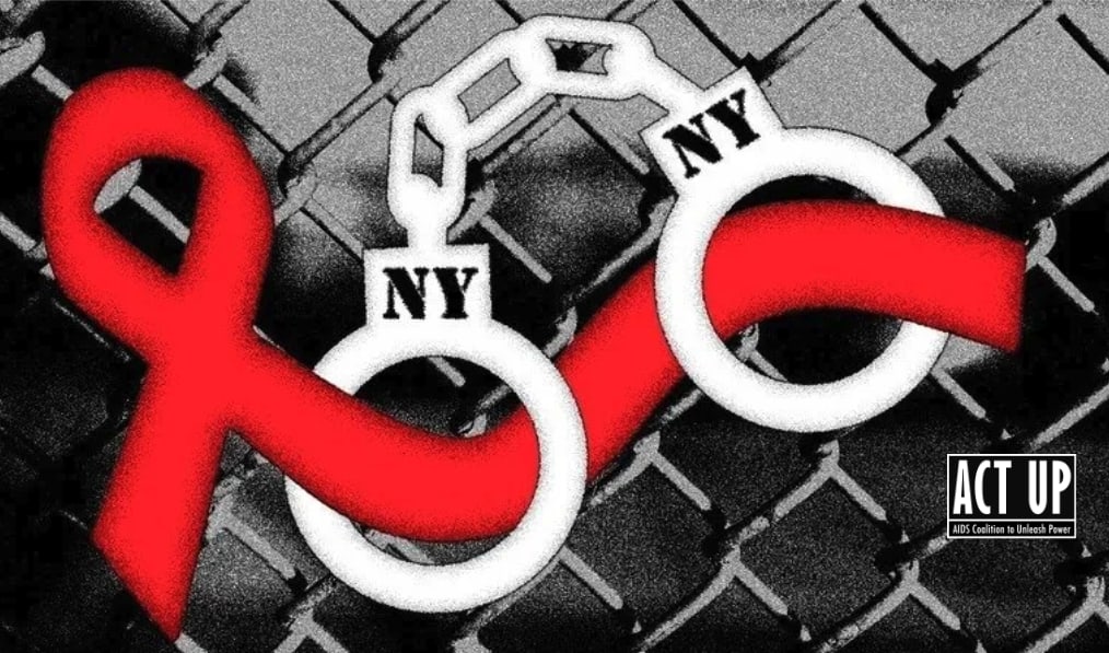 Chainlink fence with red ribbon shackled by "NY" branded handcuffs 