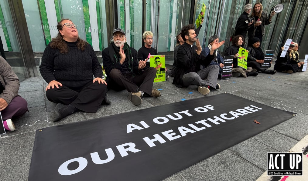 ACT UP members were among 19 people arrested for disrupting an AI Healthcare Conference at One World Trade Center